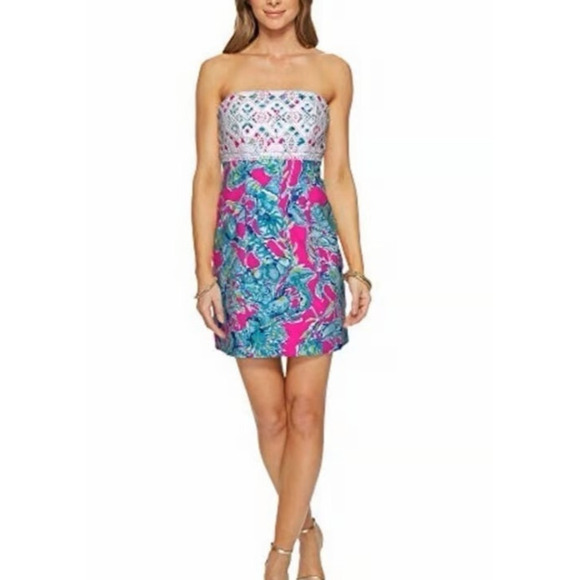 Lilly Pulitzer Brynn Strapless Dress Lobsters In Love Razz Crochet Shift Size 8 - Picture 16 of 16